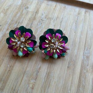 Kate Spade Sequin Beaded Pink Green Gold Flower Earrings